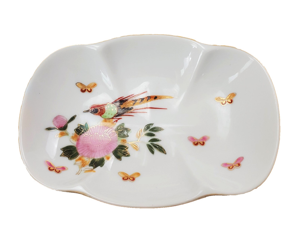 Vintage Trinket Dish Japan Made Bird Flowers Butterflies White & Gold Highlights